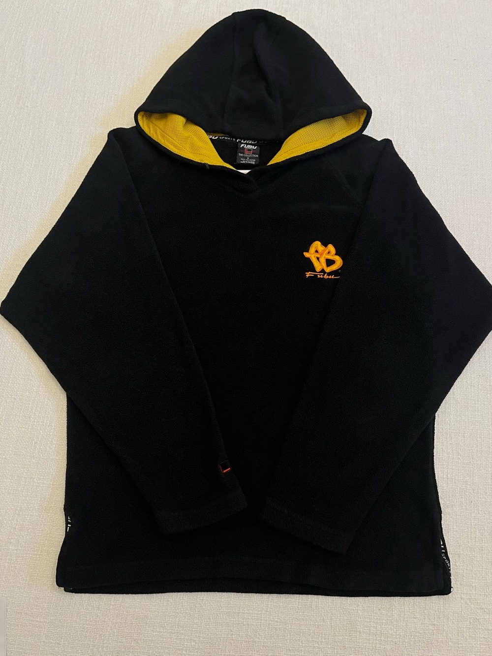 FUBU Sport Men's Black/Yellow Fleece Pullover Hoodie Logo Embroidered Size Small